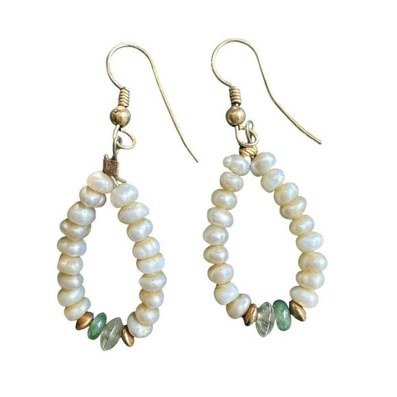 10 Karat 10K Yellow Gold Genuine Pearl Hoop Dangle Dainty Earrings 2” Jewelry Ea - Picture 1 of 6